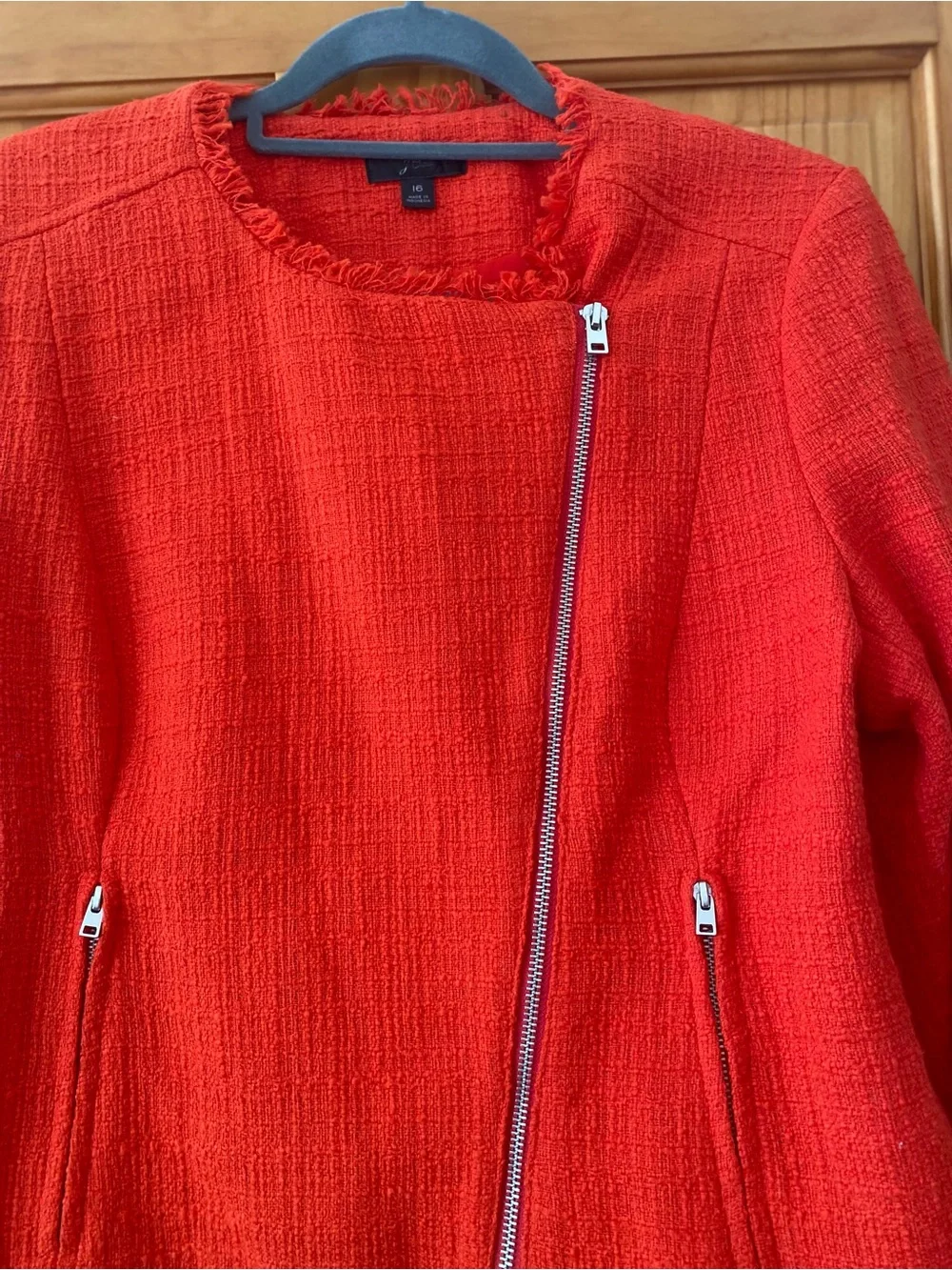 J.Crew Size 16 Vibrant Red/Orange Tweed Fringe Moto Jacket Asymmetrical Zip
